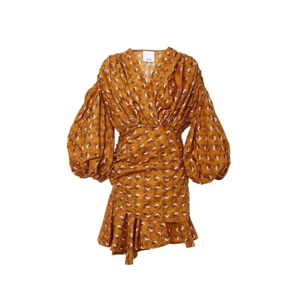 Acler Dorset Mini Dress Long Puff Sleeves Rouched Silk Blend Brown Pink Size 8 - Picture 3 of 10